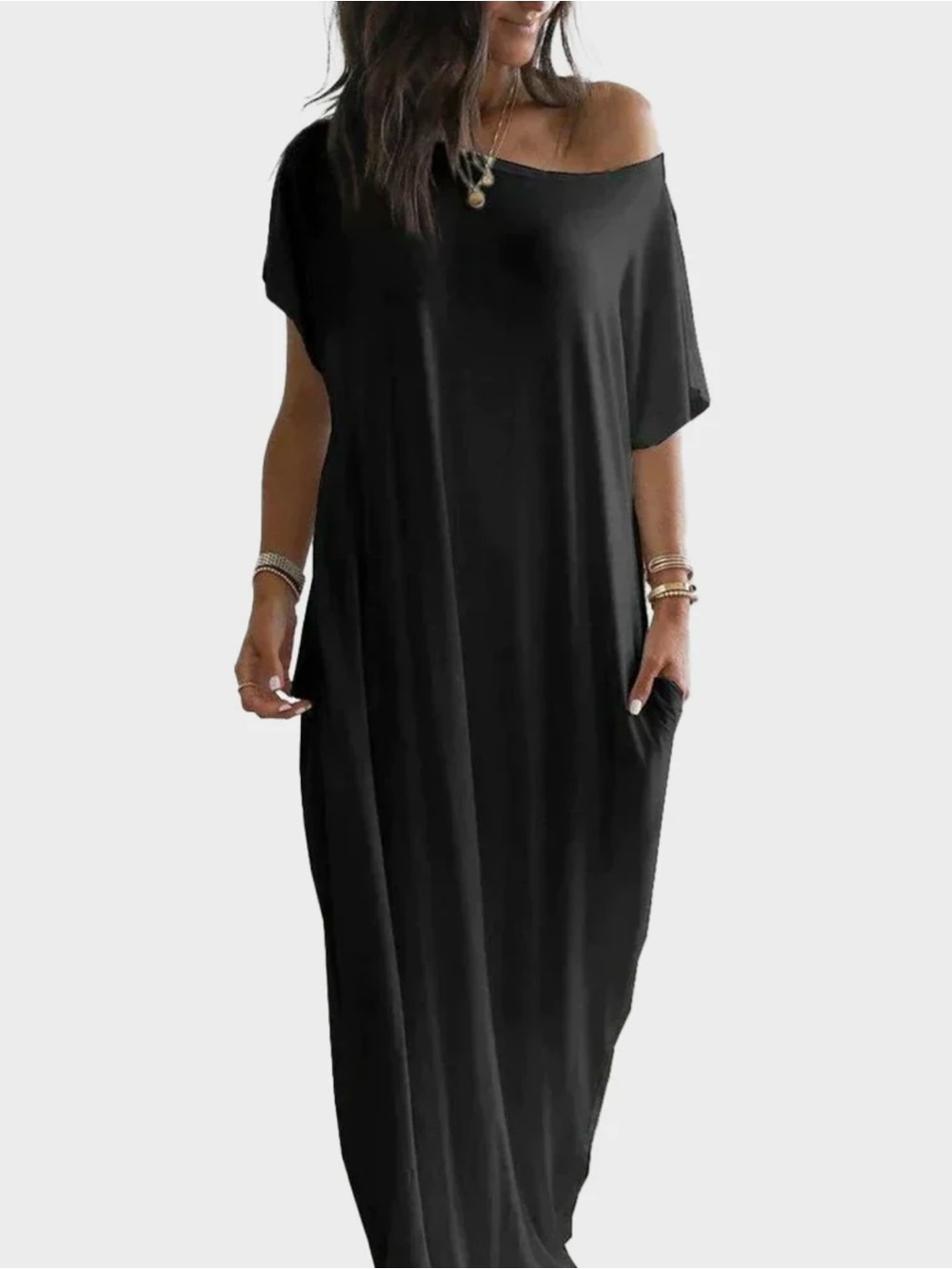 Off-Shoulder Black Maxi Dress with Side Pockets